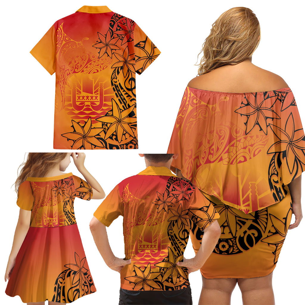 French Polynesia Manta Ray Tattoo Family Matching Off Shoulder Short Dress and Hawaiian Shirt Tahiti Hahalua Tiare Maori Gradient Style