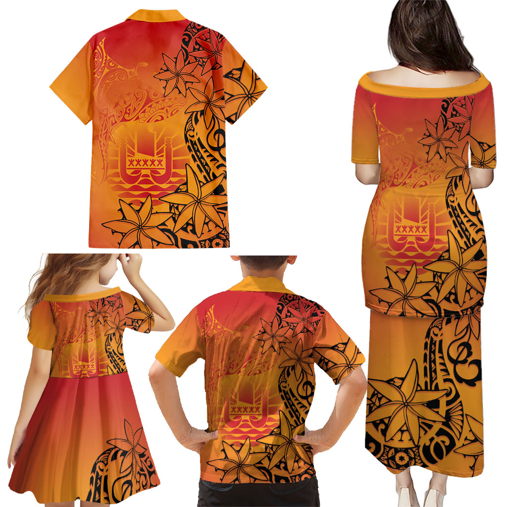 French Polynesia Manta Ray Tattoo Family Matching Puletasi and Hawaiian Shirt Tahiti Hahalua Tiare Maori Gradient Style
