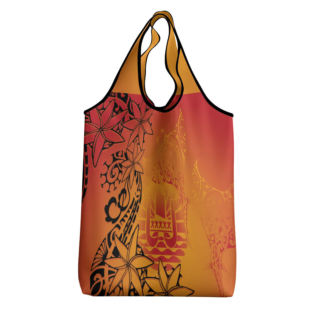 French Polynesia Manta Ray Tattoo Grocery Bag Tahiti Hahalua Tiare Maori Gradient Style