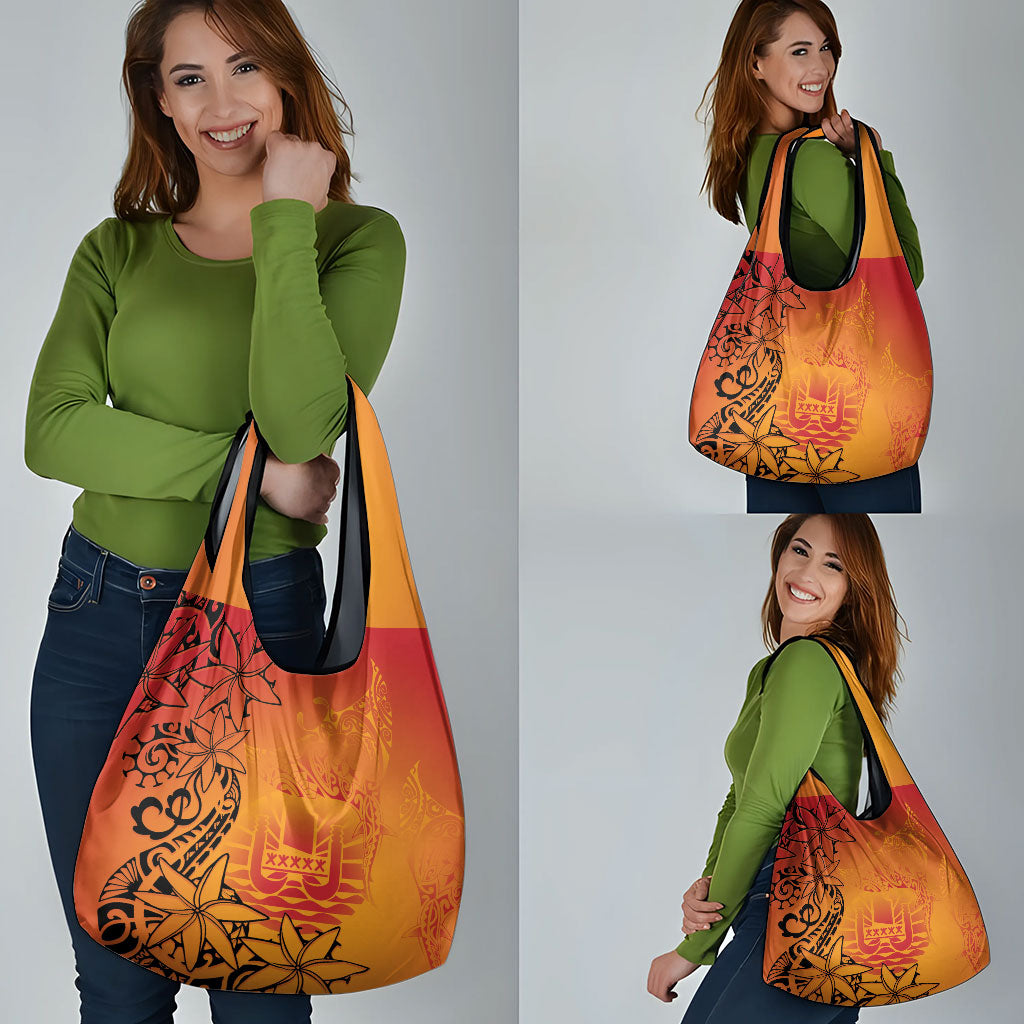 French Polynesia Manta Ray Tattoo Grocery Bag Tahiti Hahalua Tiare Maori Gradient Style
