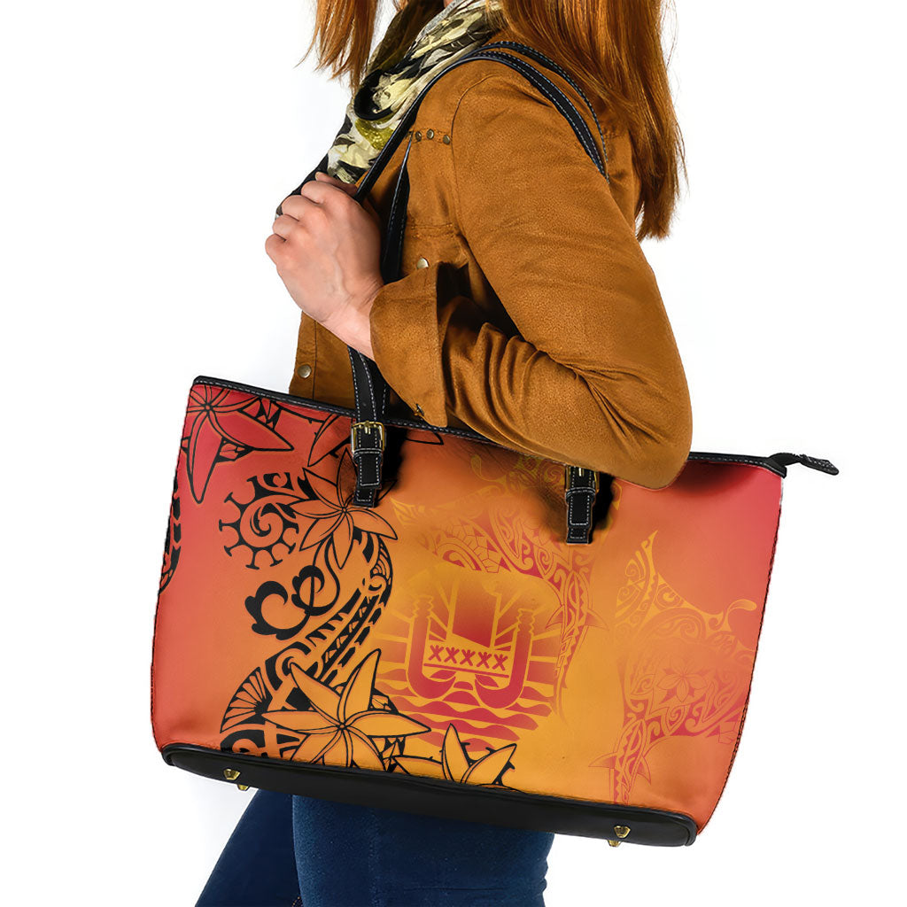 French Polynesia Manta Ray Tattoo Leather Tote Bag Tahiti Hahalua Tiare Maori Gradient Style LT14 Orange - Polynesian Pride