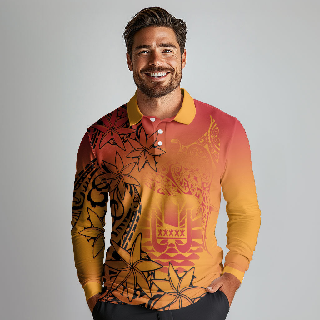 French Polynesia Manta Ray Tattoo Long Sleeve Polo Shirt Tahiti Hahalua Tiare Maori Gradient Style