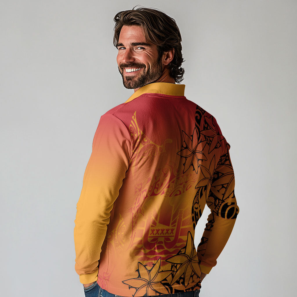 French Polynesia Manta Ray Tattoo Long Sleeve Polo Shirt Tahiti Hahalua Tiare Maori Gradient Style