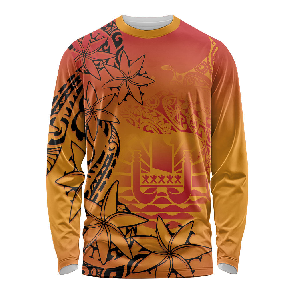 French Polynesia Manta Ray Tattoo Long Sleeve Shirt Tahiti Hahalua Tiare Maori Gradient Style