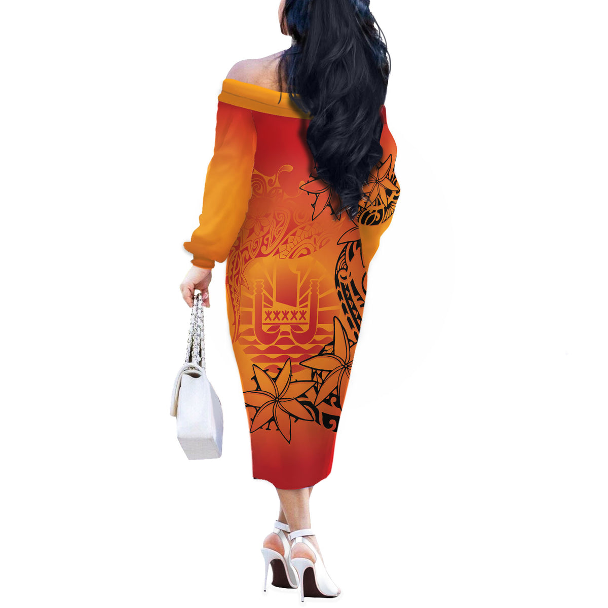 French Polynesia Manta Ray Tattoo Off The Shoulder Long Sleeve Dress Tahiti Hahalua Tiare Maori Gradient Style LT14 - Polynesian Pride