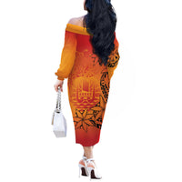 French Polynesia Manta Ray Tattoo Off The Shoulder Long Sleeve Dress Tahiti Hahalua Tiare Maori Gradient Style LT14 - Polynesian Pride