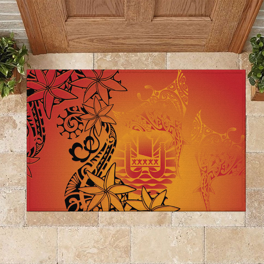 French Polynesia Manta Ray Tattoo Rubber Doormat Tahiti Hahalua Tiare Maori Gradient Style