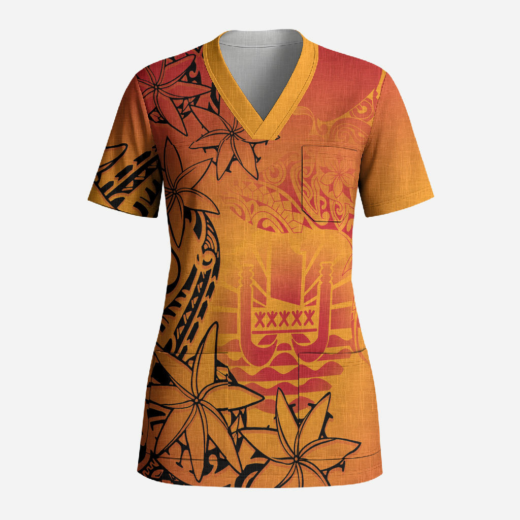 French Polynesia Manta Ray Tattoo Scrub Top Tahiti Hahalua Tiare Maori Gradient Style