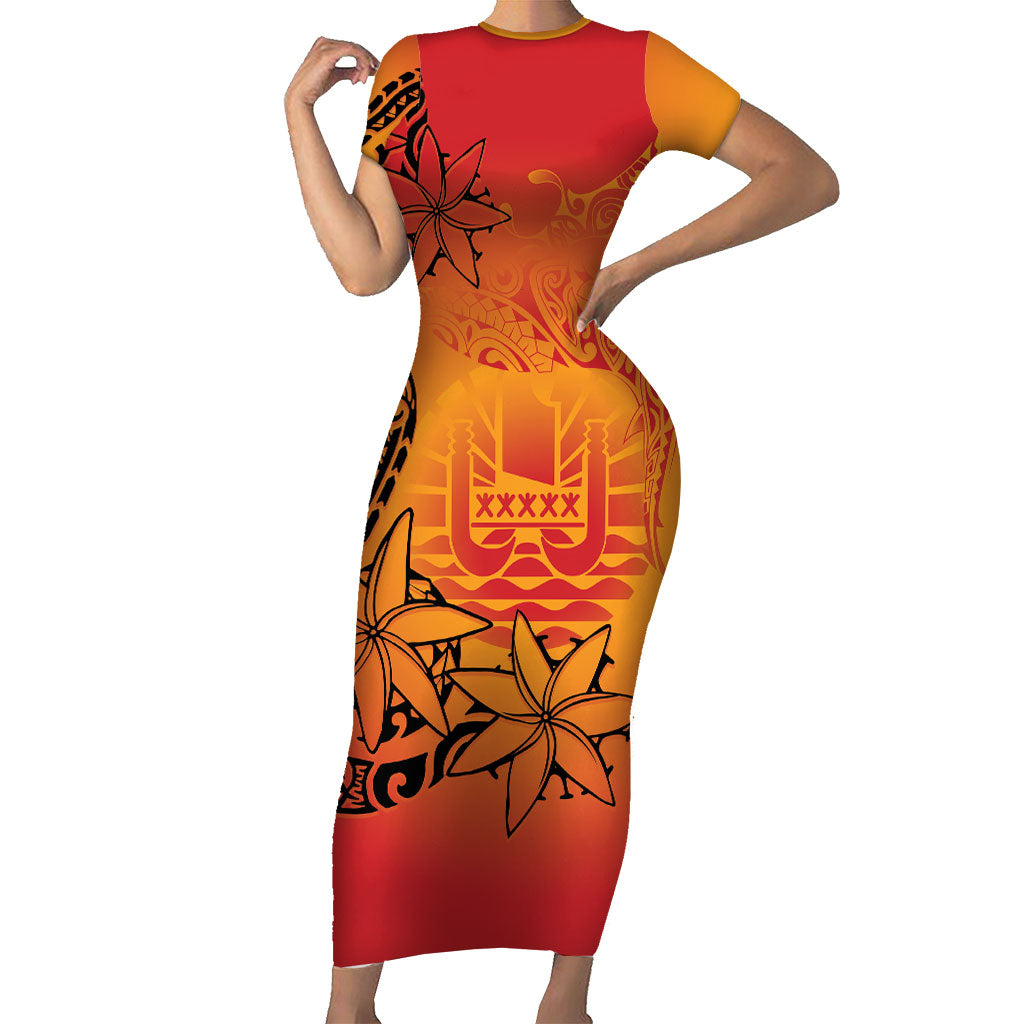 French Polynesia Manta Ray Tattoo Short Sleeve Bodycon Dress Tahiti Hahalua Tiare Maori Gradient Style LT14 Long Dress Orange - Polynesian Pride