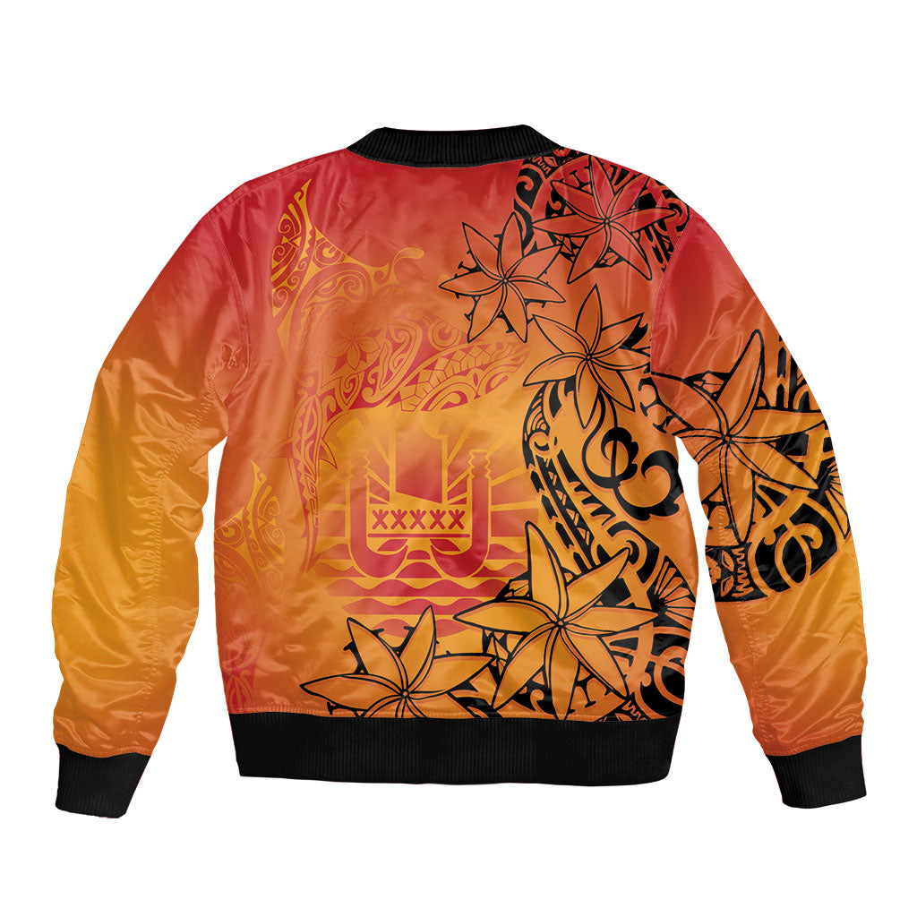 French Polynesia Manta Ray Tattoo Sleeve Zip Bomber Jacket Tahiti Hahalua Tiare Maori Gradient Style LT14 - Polynesian Pride