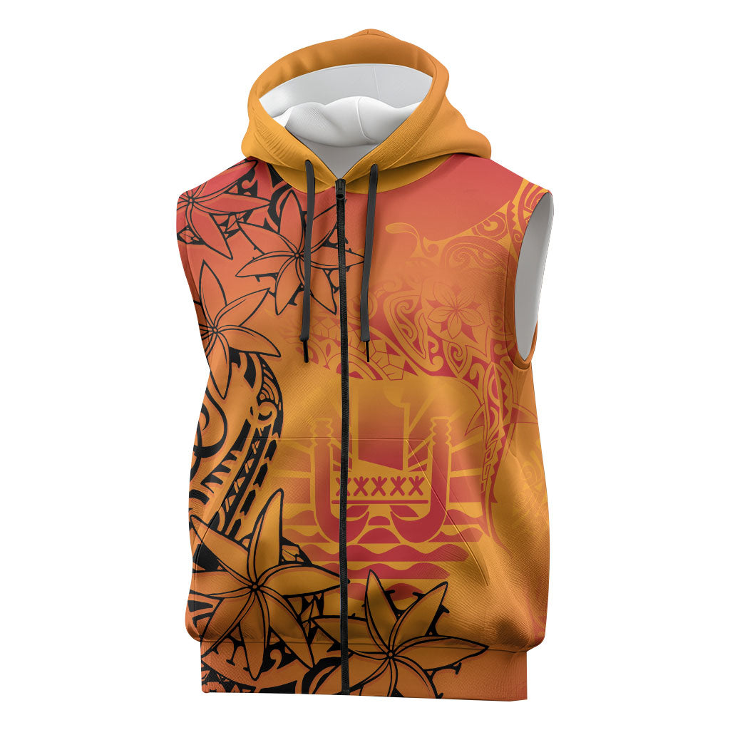 French Polynesia Manta Ray Tattoo Sleeveless Zip Hoodie Tahiti Hahalua Tiare Maori Gradient Style