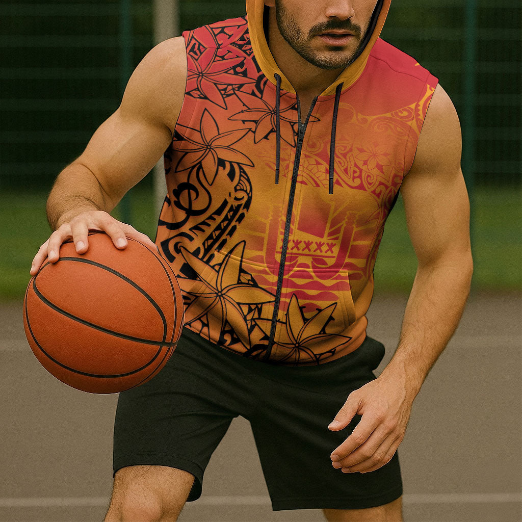 French Polynesia Manta Ray Tattoo Sleeveless Zip Hoodie Tahiti Hahalua Tiare Maori Gradient Style