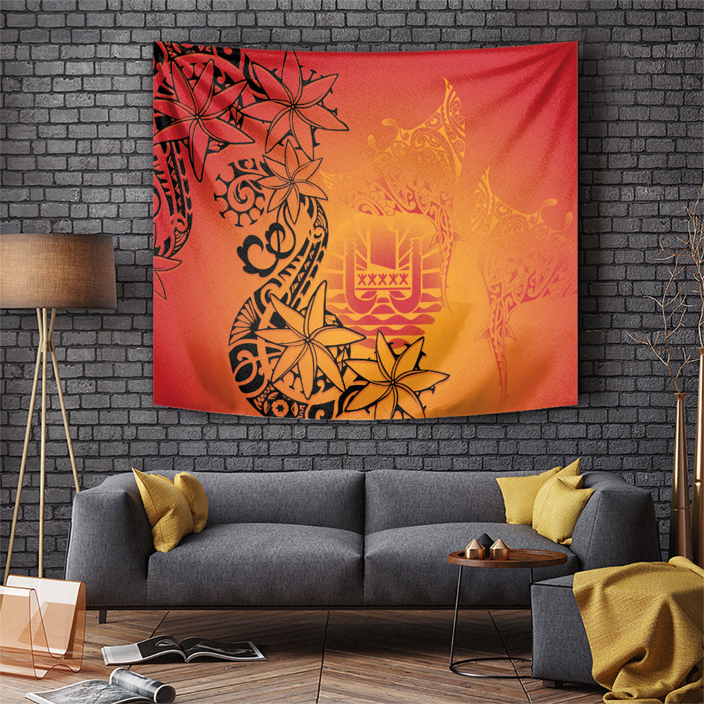 French Polynesia Manta Ray Tattoo Tapestry Tahiti Hahalua Tiare Maori Gradient Style LT14 Orange - Polynesian Pride