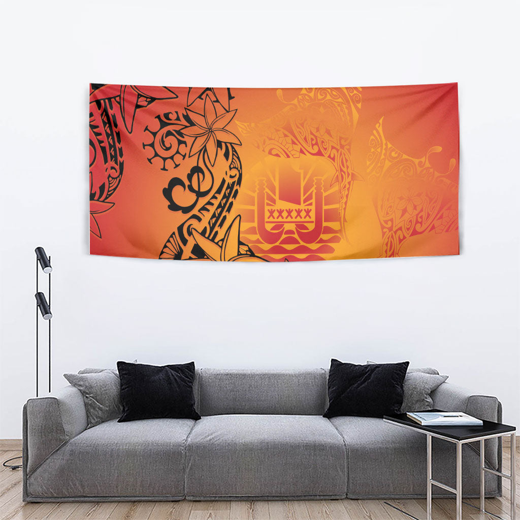 French Polynesia Manta Ray Tattoo Tapestry Tahiti Hahalua Tiare Maori Gradient Style LT14 - Polynesian Pride
