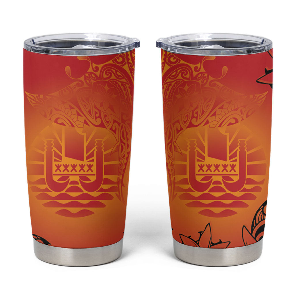 French Polynesia Manta Ray Tattoo Tumbler Cup Tahiti Hahalua Tiare Maori Gradient Style LT14 Orange - Polynesian Pride