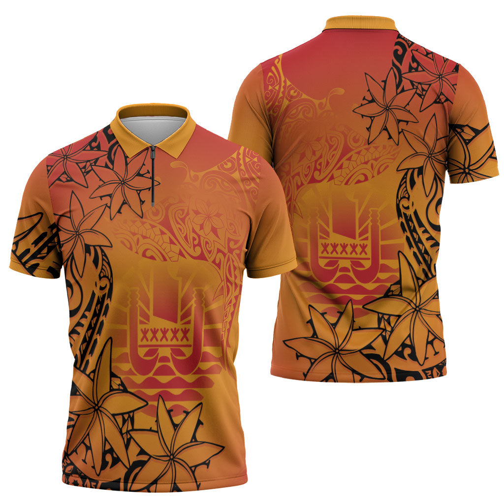 French Polynesia Manta Ray Tattoo Zipper Polo Shirt Tahiti Hahalua Tiare Maori Gradient Style