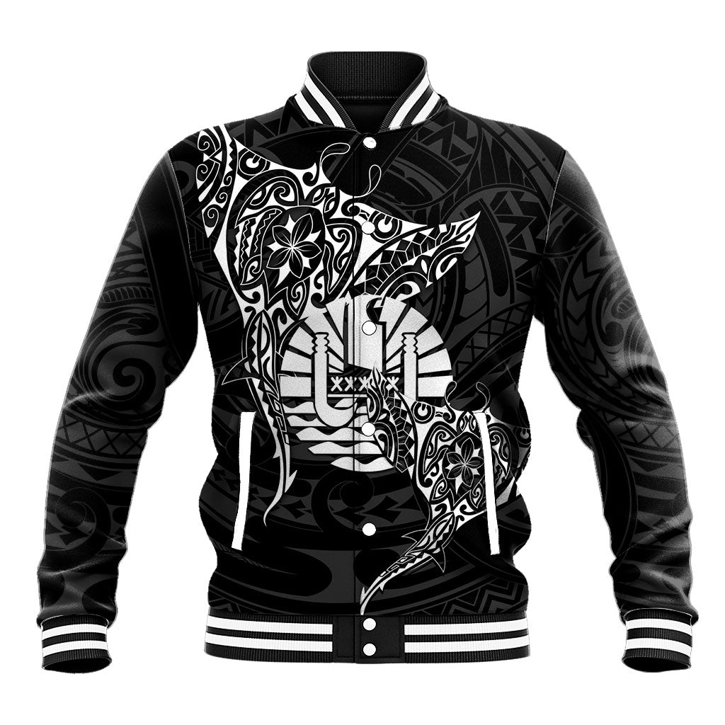 French Polynesia Manta Ray Tattoo Baseball Jacket Tahiti Hahalua Turtle Shark Black Color