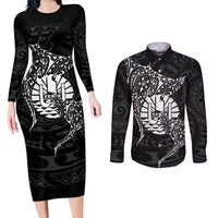 French Polynesia Manta Ray Tattoo Couples Matching Long Sleeve Bodycon Dress and Long Sleeve Button Shirt Tahiti Hahalua Turtle Shark Black Color