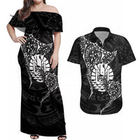 French Polynesia Manta Ray Tattoo Couples Matching Off Shoulder Maxi Dress and Hawaiian Shirt Tahiti Hahalua Turtle Shark Black Color