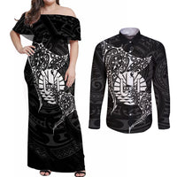 French Polynesia Manta Ray Tattoo Couples Matching Off Shoulder Maxi Dress and Long Sleeve Button Shirt Tahiti Hahalua Turtle Shark Black Color