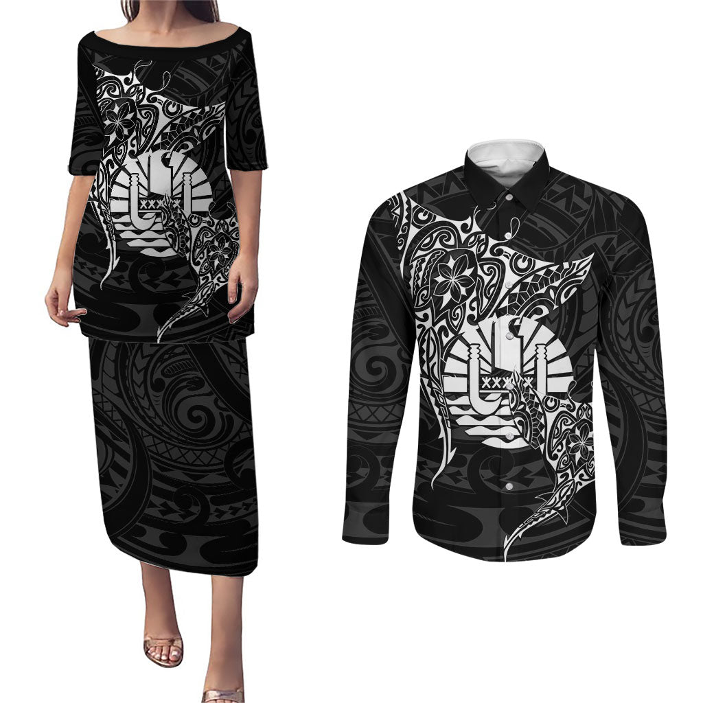 French Polynesia Manta Ray Tattoo Couples Matching Puletasi and Long Sleeve Button Shirt Tahiti Hahalua Turtle Shark Black Color