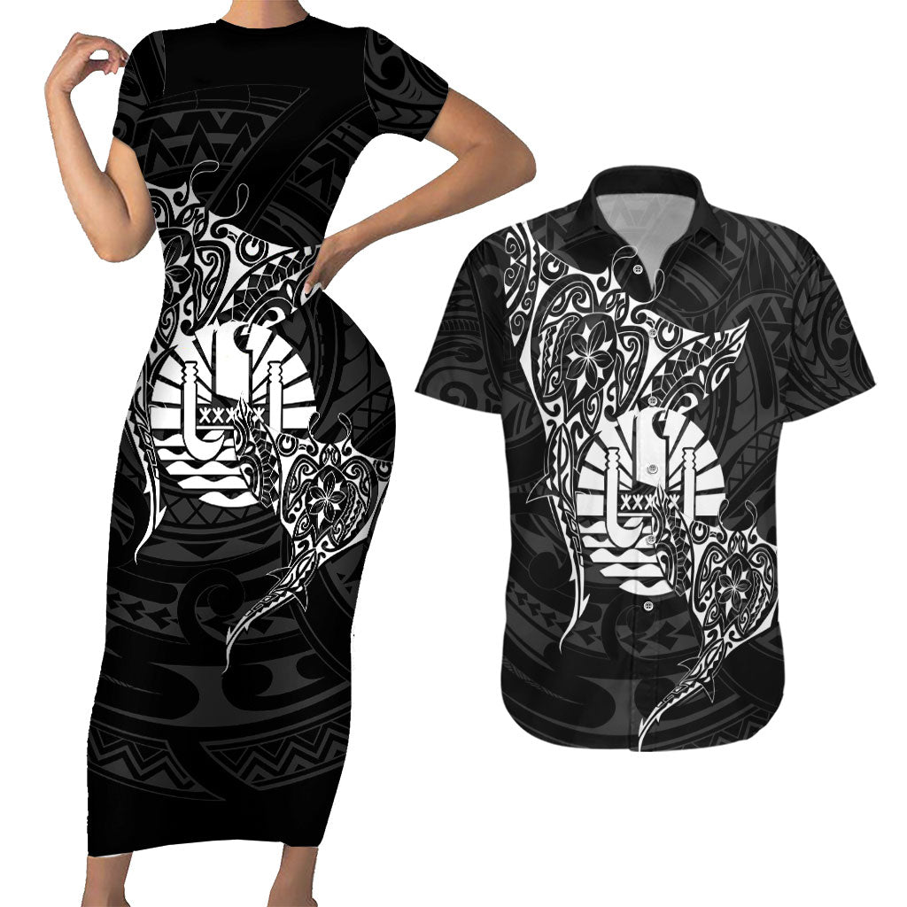 French Polynesia Manta Ray Tattoo Couples Matching Short Sleeve Bodycon Dress and Hawaiian Shirt Tahiti Hahalua Turtle Shark Black Color