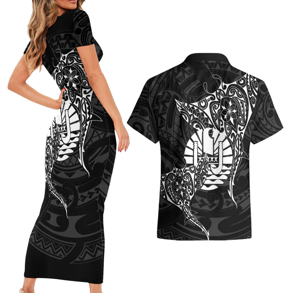 French Polynesia Manta Ray Tattoo Couples Matching Short Sleeve Bodycon Dress and Hawaiian Shirt Tahiti Hahalua Turtle Shark Black Color