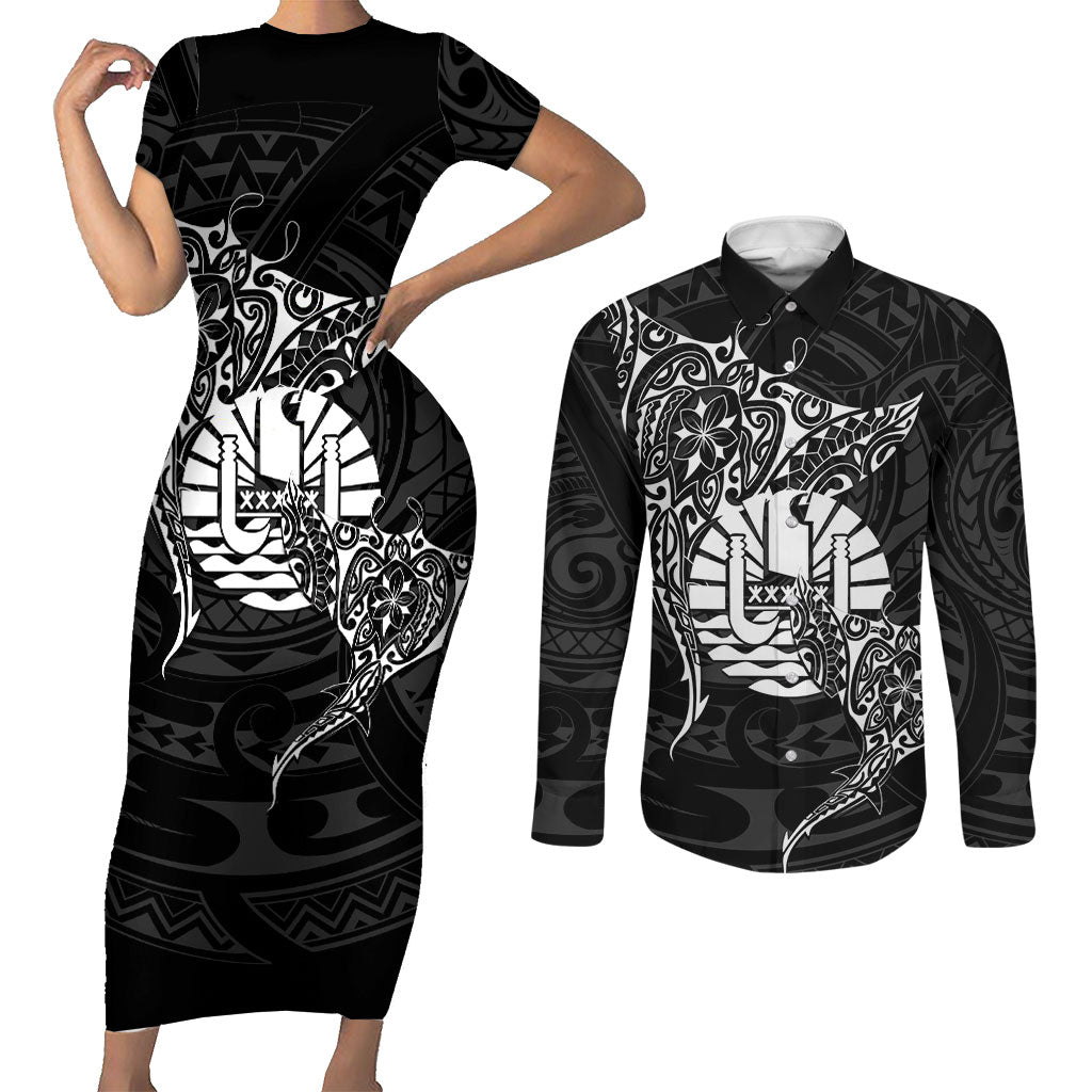 French Polynesia Manta Ray Tattoo Couples Matching Short Sleeve Bodycon Dress and Long Sleeve Button Shirt Tahiti Hahalua Turtle Shark Black Color LT14 Black - Polynesian Pride
