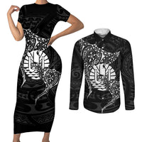 French Polynesia Manta Ray Tattoo Couples Matching Short Sleeve Bodycon Dress and Long Sleeve Button Shirt Tahiti Hahalua Turtle Shark Black Color LT14 Black - Polynesian Pride