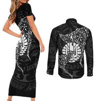 French Polynesia Manta Ray Tattoo Couples Matching Short Sleeve Bodycon Dress and Long Sleeve Button Shirt Tahiti Hahalua Turtle Shark Black Color LT14 - Polynesian Pride