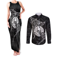 French Polynesia Manta Ray Tattoo Couples Matching Tank Maxi Dress and Long Sleeve Button Shirt Tahiti Hahalua Turtle Shark Black Color