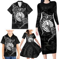 French Polynesia Manta Ray Tattoo Family Matching Long Sleeve Bodycon Dress and Hawaiian Shirt Tahiti Hahalua Turtle Shark Black Color