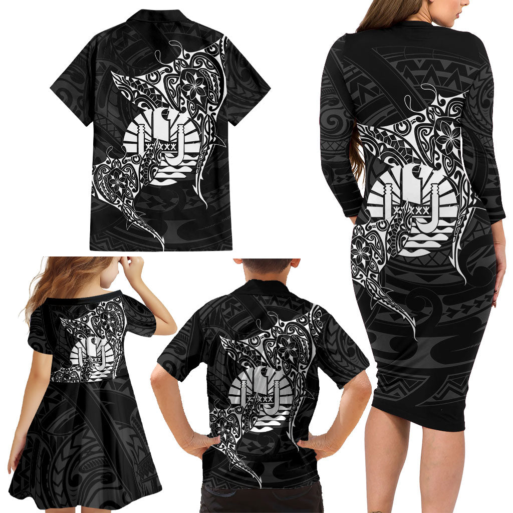 French Polynesia Manta Ray Tattoo Family Matching Long Sleeve Bodycon Dress and Hawaiian Shirt Tahiti Hahalua Turtle Shark Black Color