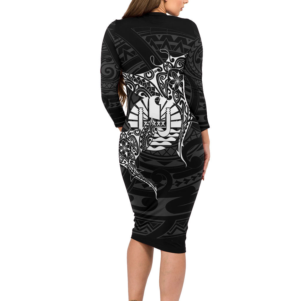 French Polynesia Manta Ray Tattoo Family Matching Long Sleeve Bodycon Dress and Hawaiian Shirt Tahiti Hahalua Turtle Shark Black Color
