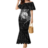 French Polynesia Manta Ray Tattoo Family Matching Mermaid Dress and Hawaiian Shirt Tahiti Hahalua Turtle Shark Black Color