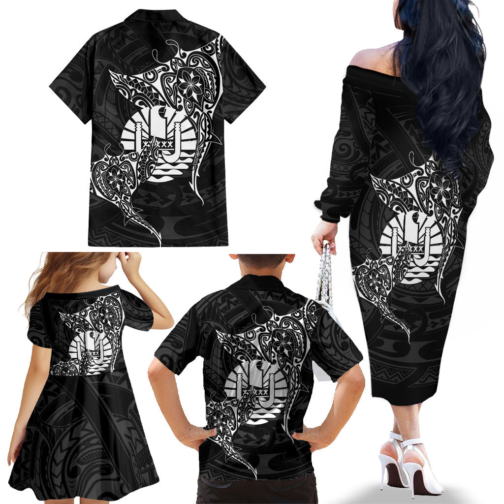 French Polynesia Manta Ray Tattoo Family Matching Off The Shoulder Long Sleeve Dress and Hawaiian Shirt Tahiti Hahalua Turtle Shark Black Color