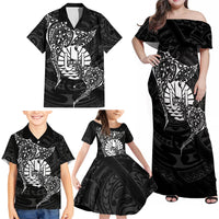French Polynesia Manta Ray Tattoo Family Matching Off Shoulder Maxi Dress and Hawaiian Shirt Tahiti Hahalua Turtle Shark Black Color