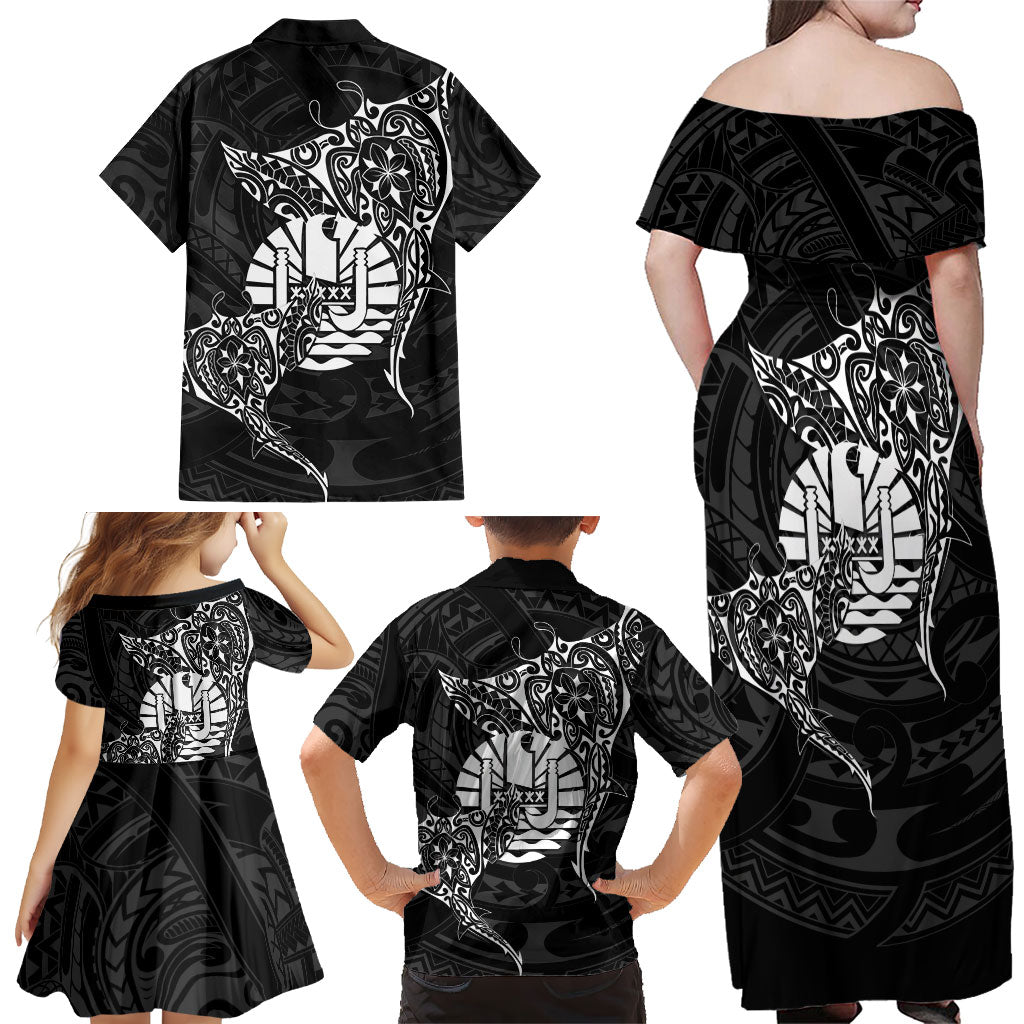 French Polynesia Manta Ray Tattoo Family Matching Off Shoulder Maxi Dress and Hawaiian Shirt Tahiti Hahalua Turtle Shark Black Color
