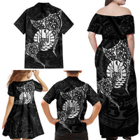 French Polynesia Manta Ray Tattoo Family Matching Off Shoulder Maxi Dress and Hawaiian Shirt Tahiti Hahalua Turtle Shark Black Color