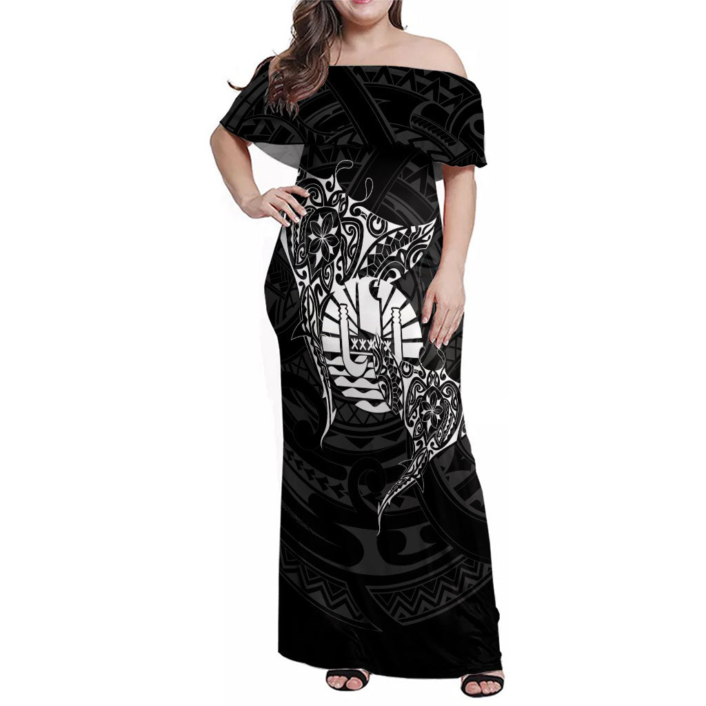 French Polynesia Manta Ray Tattoo Family Matching Off Shoulder Maxi Dress and Hawaiian Shirt Tahiti Hahalua Turtle Shark Black Color