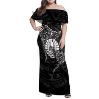 French Polynesia Manta Ray Tattoo Family Matching Off Shoulder Maxi Dress and Hawaiian Shirt Tahiti Hahalua Turtle Shark Black Color