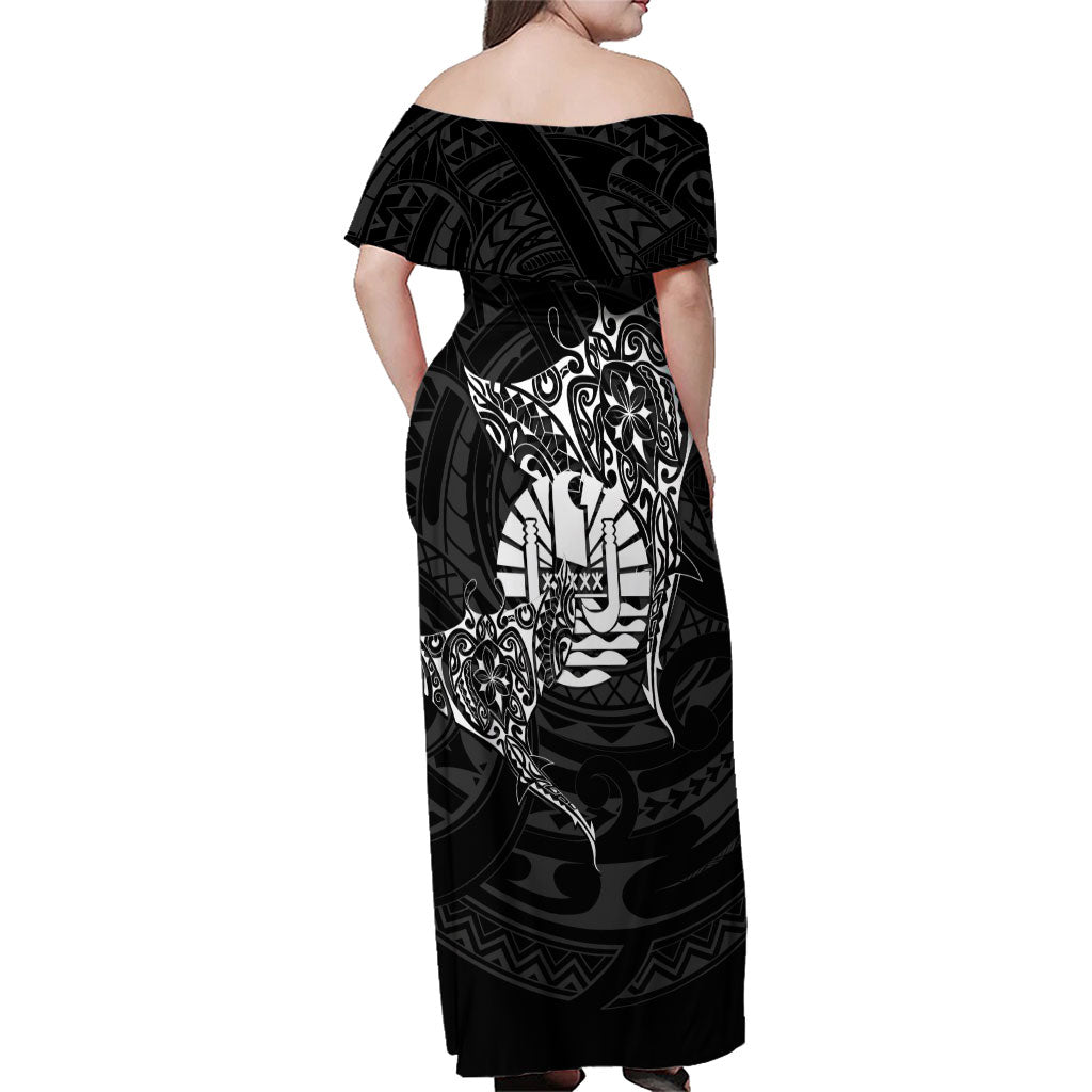 French Polynesia Manta Ray Tattoo Family Matching Off Shoulder Maxi Dress and Hawaiian Shirt Tahiti Hahalua Turtle Shark Black Color