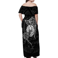 French Polynesia Manta Ray Tattoo Family Matching Off Shoulder Maxi Dress and Hawaiian Shirt Tahiti Hahalua Turtle Shark Black Color