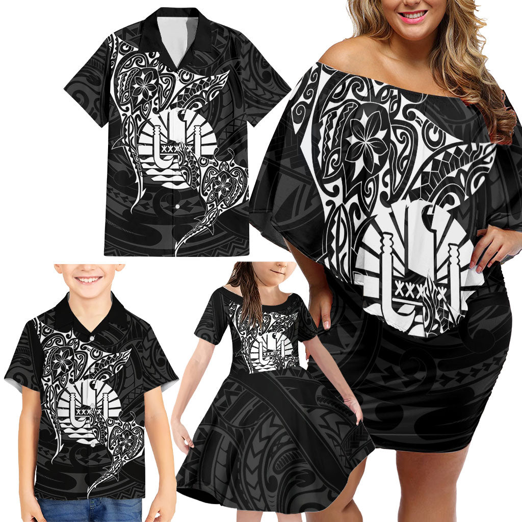 French Polynesia Manta Ray Tattoo Family Matching Off Shoulder Short Dress and Hawaiian Shirt Tahiti Hahalua Turtle Shark Black Color LT14 - Polynesian Pride