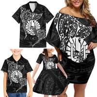 French Polynesia Manta Ray Tattoo Family Matching Off Shoulder Short Dress and Hawaiian Shirt Tahiti Hahalua Turtle Shark Black Color LT14 - Polynesian Pride