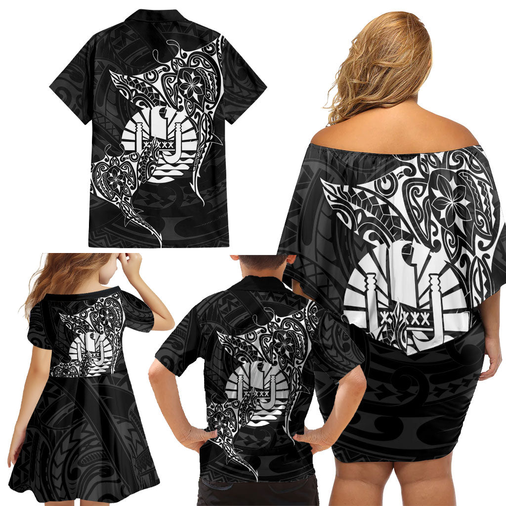 French Polynesia Manta Ray Tattoo Family Matching Off Shoulder Short Dress and Hawaiian Shirt Tahiti Hahalua Turtle Shark Black Color LT14 - Polynesian Pride