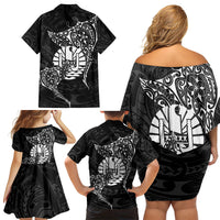 French Polynesia Manta Ray Tattoo Family Matching Off Shoulder Short Dress and Hawaiian Shirt Tahiti Hahalua Turtle Shark Black Color LT14 - Polynesian Pride