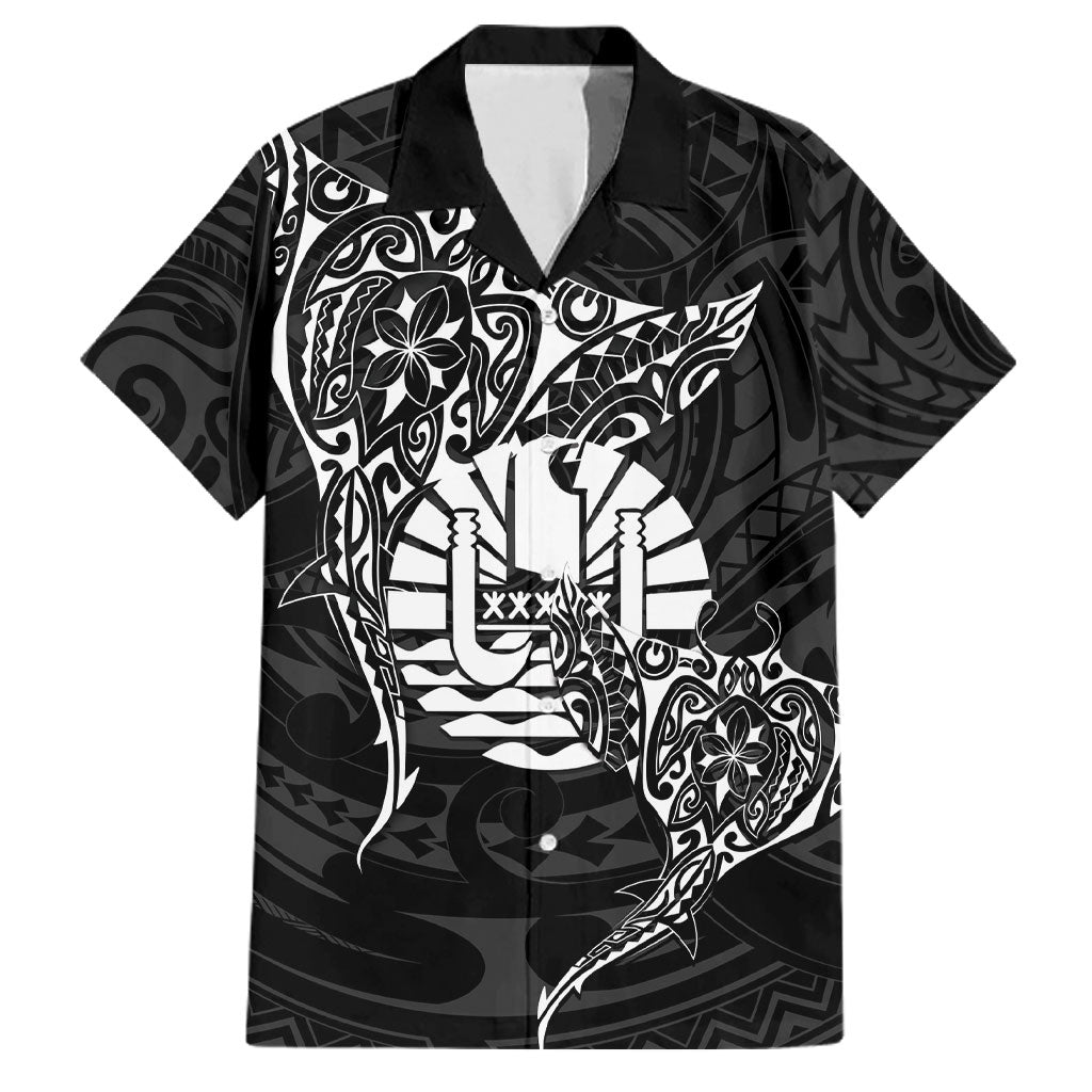 French Polynesia Manta Ray Tattoo Family Matching Off Shoulder Short Dress and Hawaiian Shirt Tahiti Hahalua Turtle Shark Black Color LT14 Dad's Shirt - Short Sleeve Black - Polynesian Pride