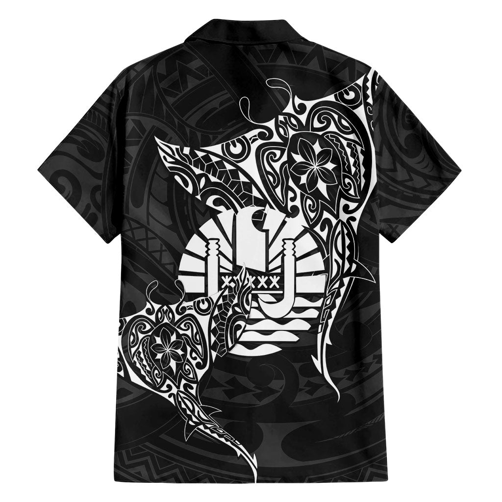 French Polynesia Manta Ray Tattoo Family Matching Off Shoulder Short Dress and Hawaiian Shirt Tahiti Hahalua Turtle Shark Black Color LT14 - Polynesian Pride