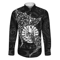 French Polynesia Manta Ray Tattoo Family Matching Off Shoulder Short Dress and Hawaiian Shirt Tahiti Hahalua Turtle Shark Black Color LT14 Dad's Shirt - Long Sleeve Black - Polynesian Pride